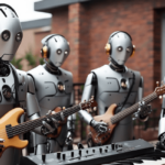 Inteligencias Artificiales tocando música. Imagen creada con leonardo.ai